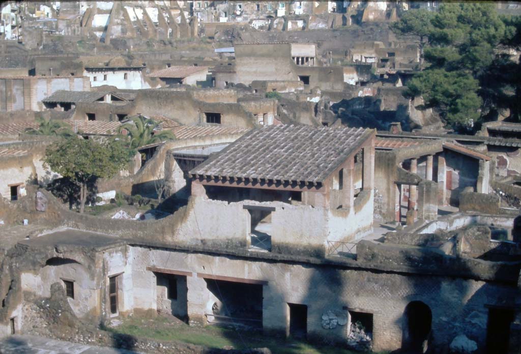 Ins. Orientalis I, 1a, Herculaneum, 7th August 1976.
Looking north from access roadway towards lower floor rooms opening south onto a vaulted corridor.
The upper floor rooms belong to the south end of the House of the Gem.
Photo courtesy of Rick Bauer, from Dr George Fay’s slides collection.